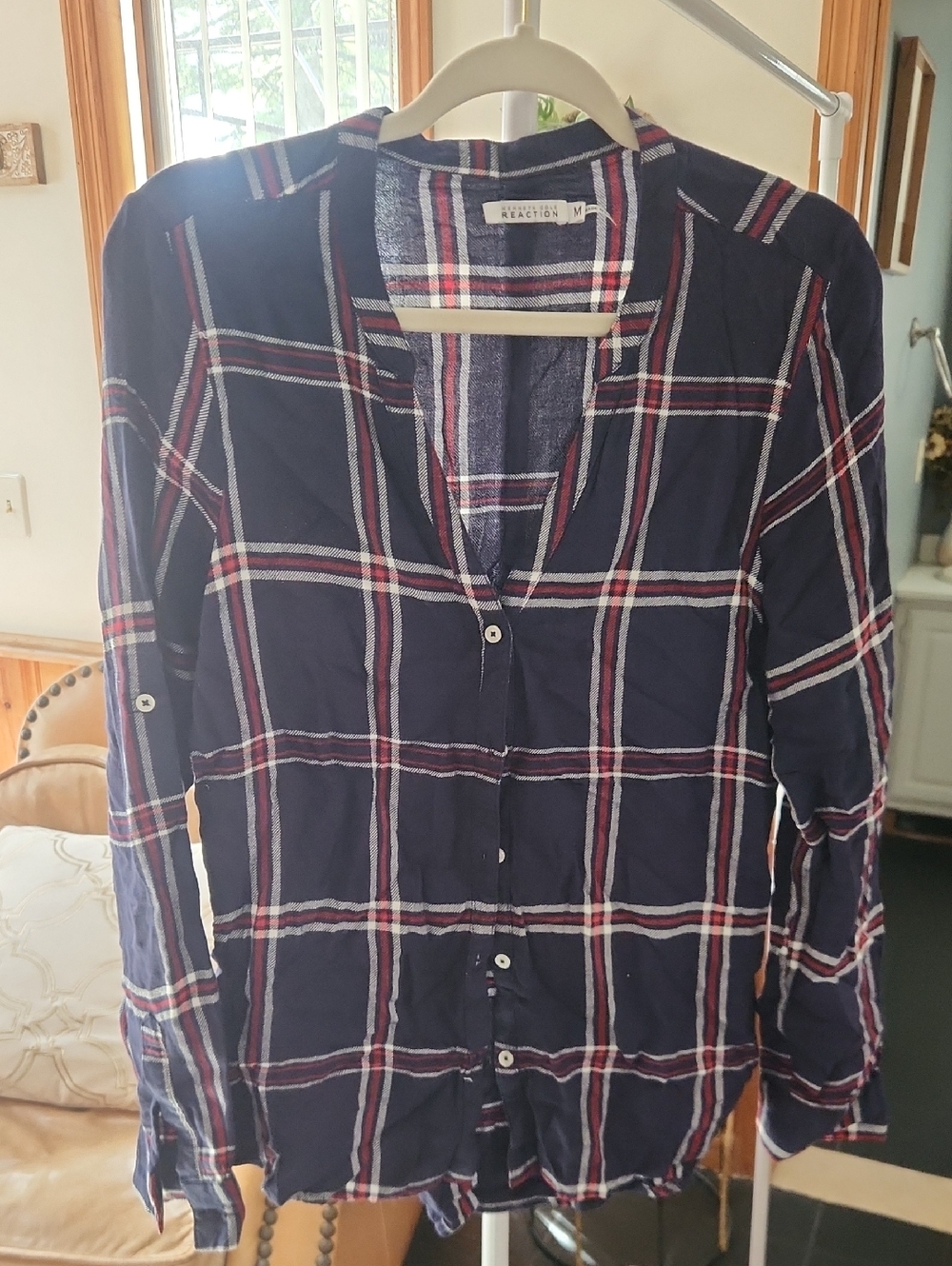 Kenneth Cole Reaction Navy Plaid Button-Front Top with Red and White Stripes